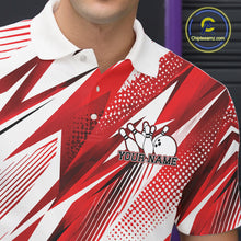 Load image into Gallery viewer, Red and white bowling-themed shirt with a graphic design and 'Your Name' text on a blurred background.