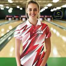 Load image into Gallery viewer, Woman in a red and white patterned shirt standing in a bowling alley
