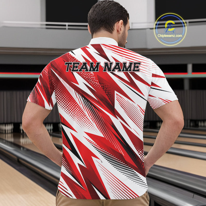 Person wearing a red and white bowling shirt with 'TEAM NAME' on a bowling alley.