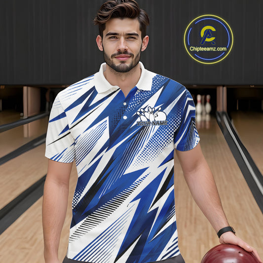 Man wearing a blue and white patterned shirt in a bowling alley with 'Chipteamz.com' logo.