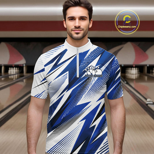 Man wearing a blue and white sports jersey with a bowling alley in the background