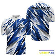 Load image into Gallery viewer, Blue and white sports jersey with geometric pattern on a white background
