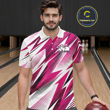 Load image into Gallery viewer, Man wearing a pink and white bowling shirt with a bowling alley in the background