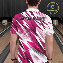 Load image into Gallery viewer, Person wearing a pink and white bowling shirt with 'TEAM NAME' text in a bowling alley.
