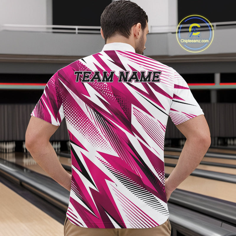 Person wearing a pink and white bowling shirt with 'TEAM NAME' text in a bowling alley.