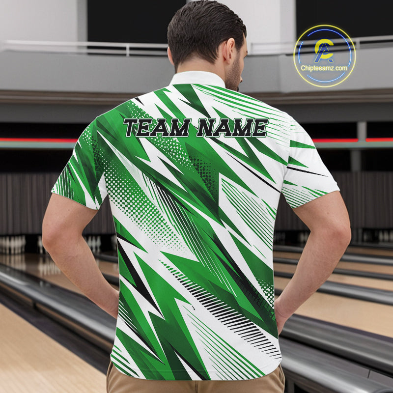 Person wearing a green and white bowling shirt with 'TEAM NAME' text in a bowling alley.