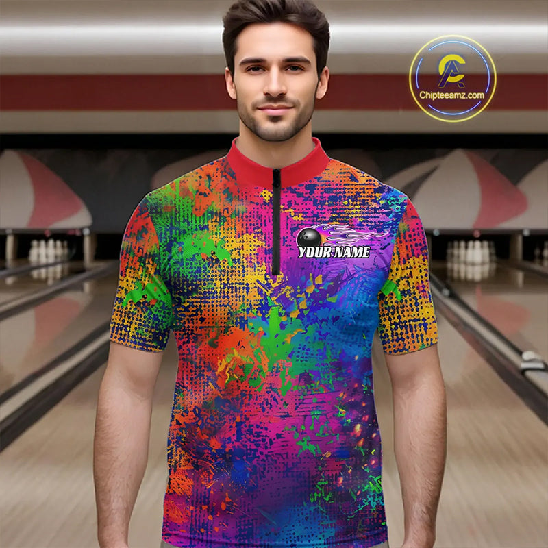Custom Colorful Bowling Quarter Zip Shirts For Men, Pride Colors Outfit Bowling Men'S Shirts IPHW6788