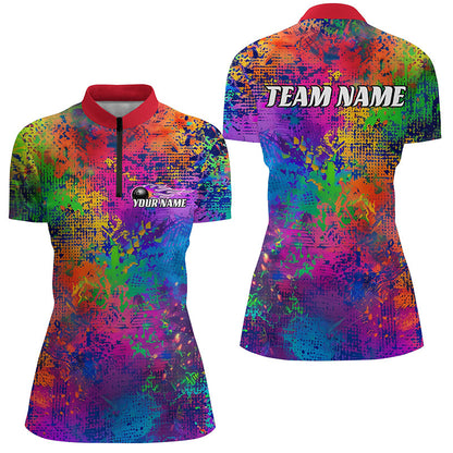 Custom Colorful Bowling Quarter Zip Shirts For Women, Pride Colors Ladies Bowling Shirts IPHW6788