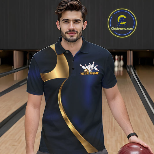 Custom Blue And Gold Men Polo Bowling Team Shirt, Bowling League Shirt IPHW11609