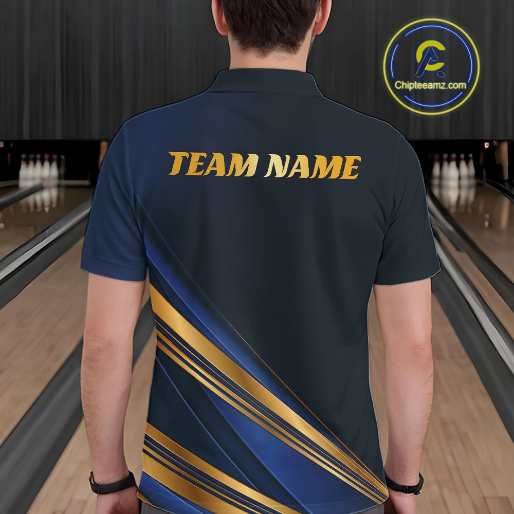 A man viewed from behind wearing a navy blue bowling shirt with gold 'TEAM NAME' text and diagonal gold and blue stripes on the lower back, set against a bowling alley background. A circular 'Chipteamnz.