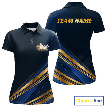 Customizable navy blue polo shirt shown from the front and back. The front features a small custom graphic on the left chest with a bowling pin and the text 'YOUR NAME'.
