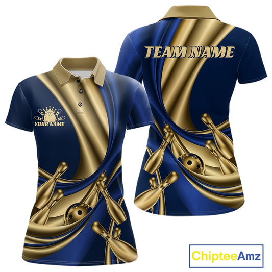 Custom Blue And Gold Curves With Golden Bowling Ball And Pins Women Polo Shirt IPHW11614