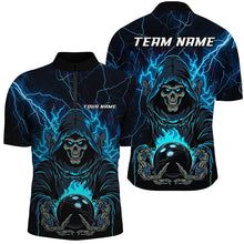 Load image into Gallery viewer, Black And Blue Lightning Custom Skull Bowling Shirts For Men, Halloween Bowling Shirts IPHW7091