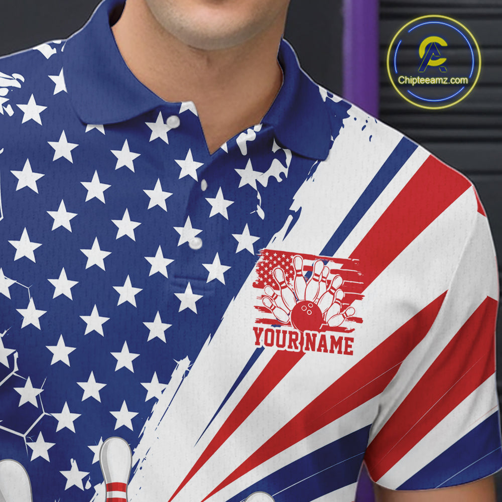 A close-up of a person wearing a short-sleeve polo shirt with a patriotic bowling-themed print. The shirt features a blue field with white stars on the left side and red, white, and blue diagonal stripes on the right side, with a red bowling graphic and the text 'YOURNAME' on the chest.