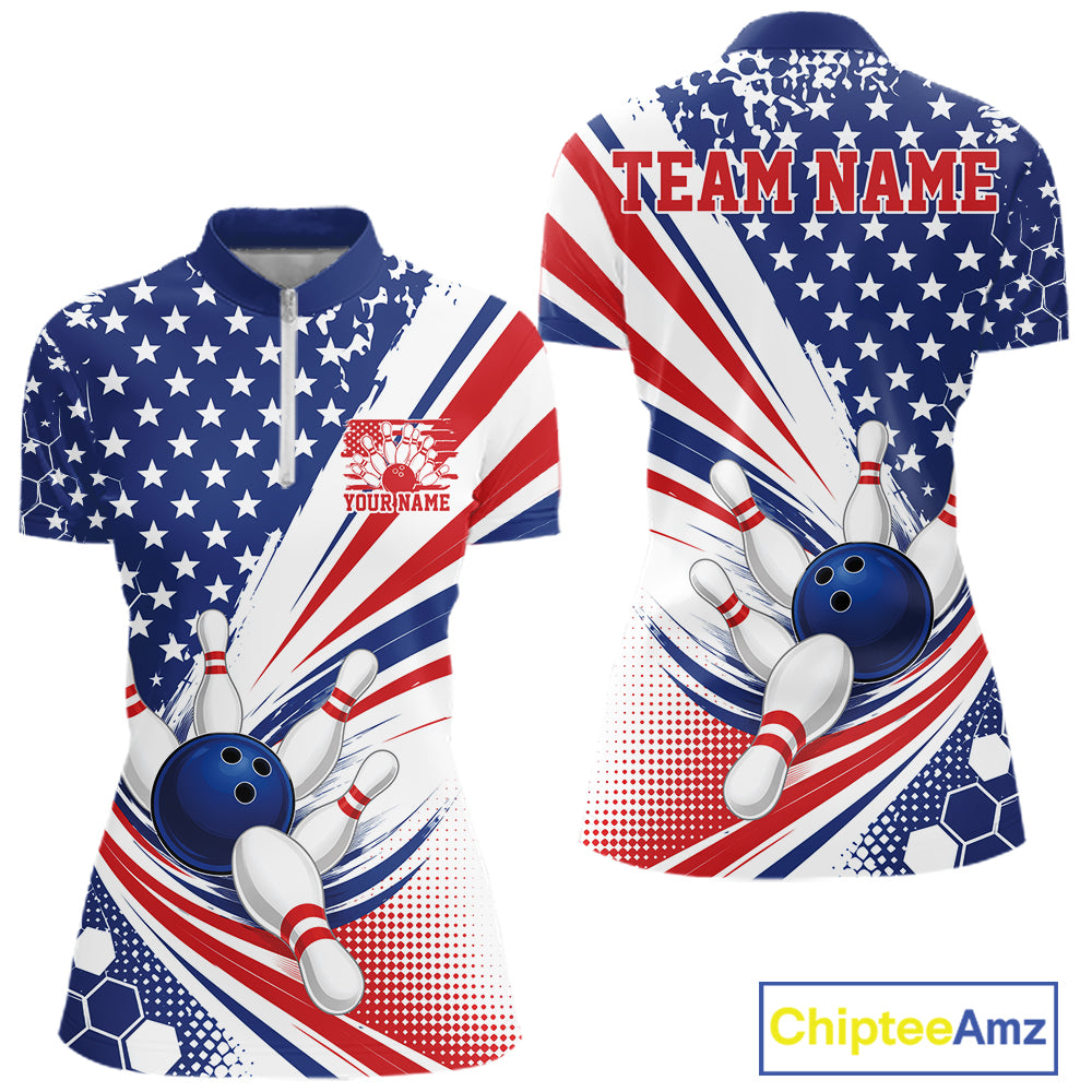 Front and back views of a womens short-sleeve quarter zip shirt featuring a patriotic red, white, and blue American flag design with bowling pins, bowling balls, and stars. The shirt includes customizable text placeholders 'TEAM NAME' and 'YOURNAME'.