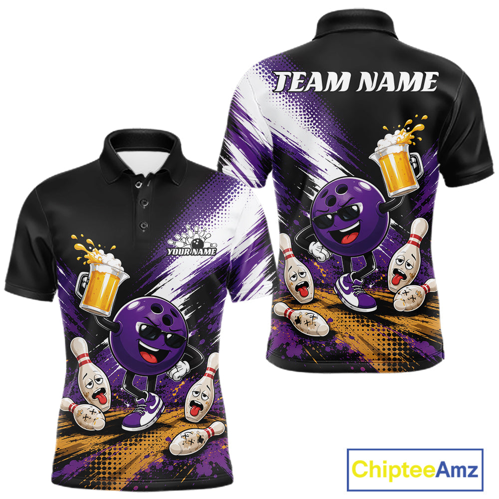 Front and back views of a custom black short-sleeve polo shirt featuring a purple cartoon bowling ball character, bowling pins, beer mugs, and white text reading 'TEAM NAME' on the back. The shirt has a white, purple, and orange abstract graphic pattern.