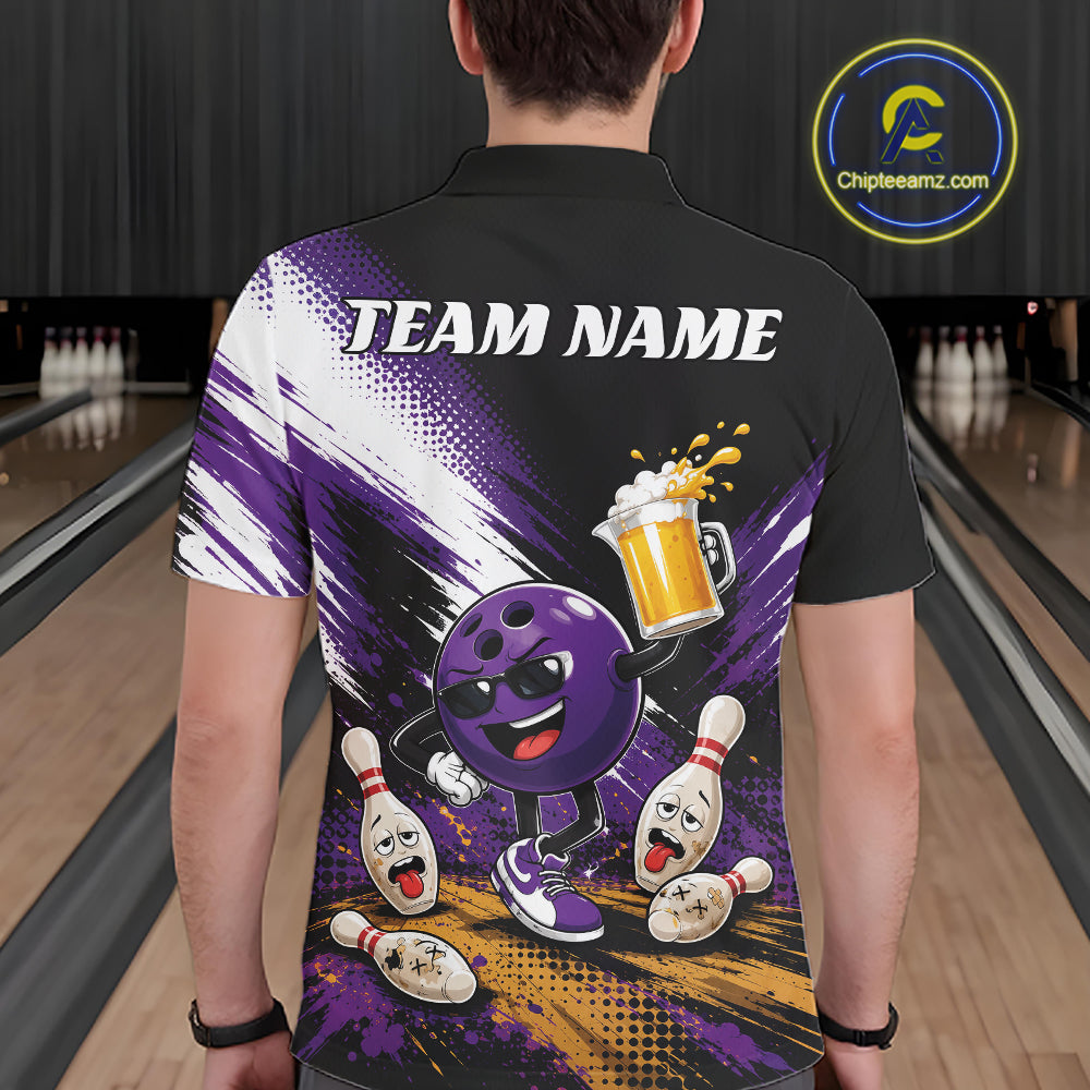 A person shown from the back wearing a black short-sleeve bowling-themed polo shirt with a large purple and white graphic print featuring a cartoon bowling ball, bowling pins, foam, and the text 'TEAM NAME'. Bowling lanes are visible in the background, and a circular 'Chipteamnz' logo