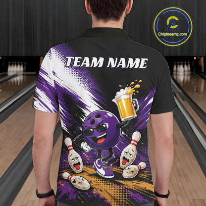 A person shown from the back wearing a black short-sleeve bowling-themed polo shirt with a large purple and white graphic print featuring a cartoon bowling ball, bowling pins, foam, and the text 'TEAM NAME'. Bowling lanes are visible in the background, and a circular 'Chipteamnz' logo