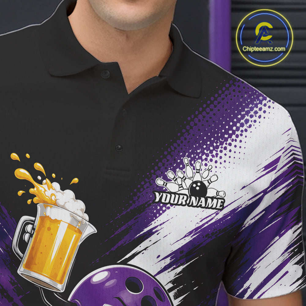 A close-up of a black polo shirt with a purple and white bowling-themed graphic print, featuring a beer mug splash, bowling pins, and a customizable name. 