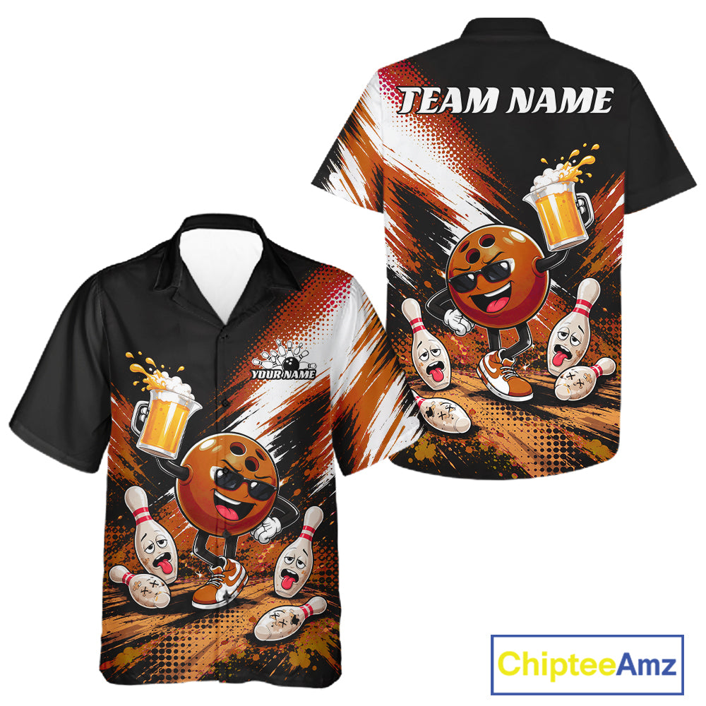Custom short-sleeve button-up bowling shirt shown from both front and back. The shirt features a black base with a vibrant orange, brown, and white graphic print of a bowling ball character, bowling pins, and beer mugs.