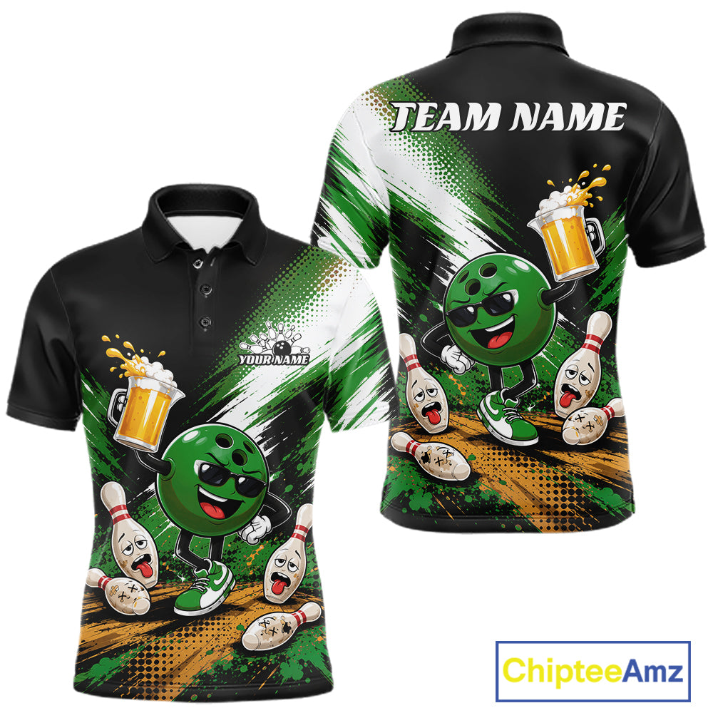 Front and back views of a custom black short-sleeve polo shirt with a green bowling ball cartoon character, bowling pins, beer mugs, and 'TEAM NAME' text on the back, shown on a white background with a ChipteeAmz logo.