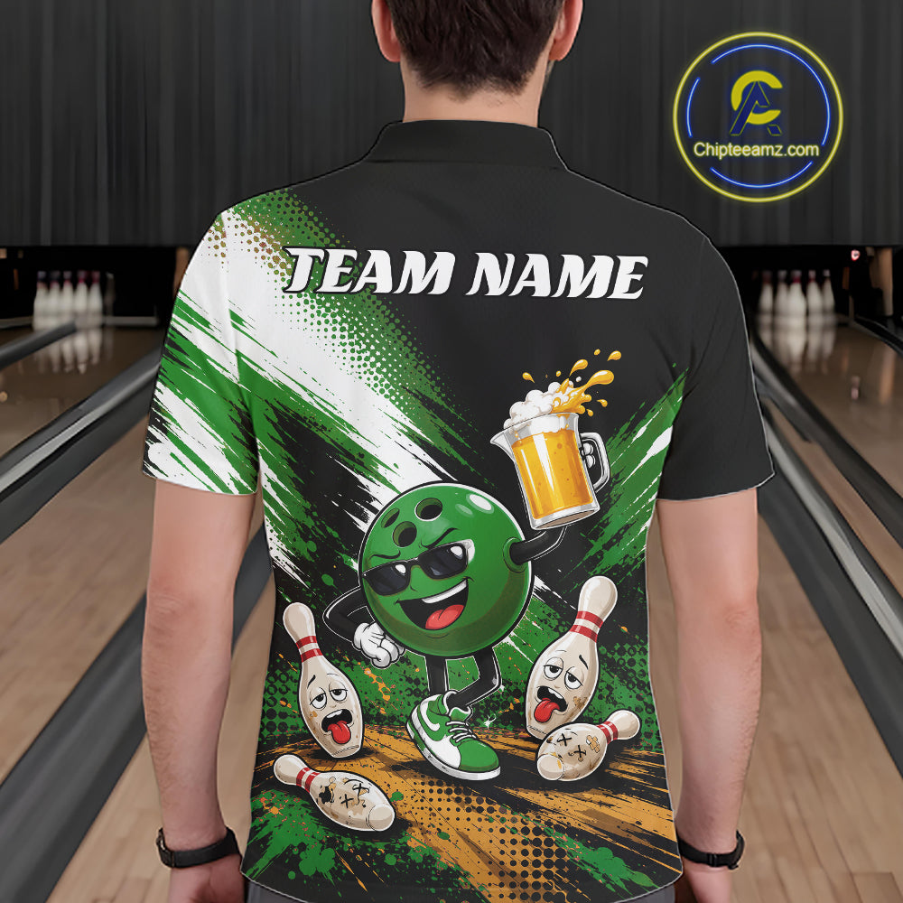 A person shown from the back wearing a black short-sleeve bowling-themed polo shirt with a large green and white graphic print, including bowling pins, a bowling ball character, beer, and the text 'TEAM NAME'.