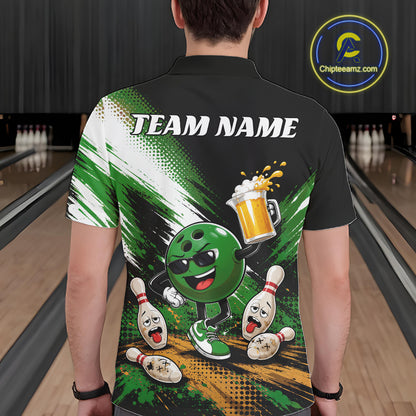 A person shown from the back wearing a black short-sleeve bowling-themed polo shirt with a large green and white graphic print, including bowling pins, a bowling ball character, beer, and the text 'TEAM NAME'.
