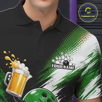 A close-up of a black short-sleeve polo shirt with a green and white graphic design, featuring a beer mug splash, bowling pins, a bowling ball, and a customizable name patch. 