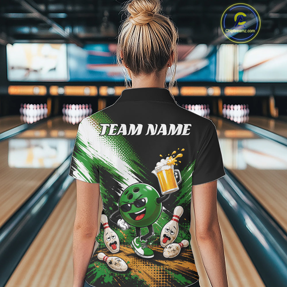 A woman viewed from behind wearing a black short-sleeve bowling-themed polo shirt with a large green and white graphic print featuring a bowling ball character, pins, and the text 'TEAM NAME'. 