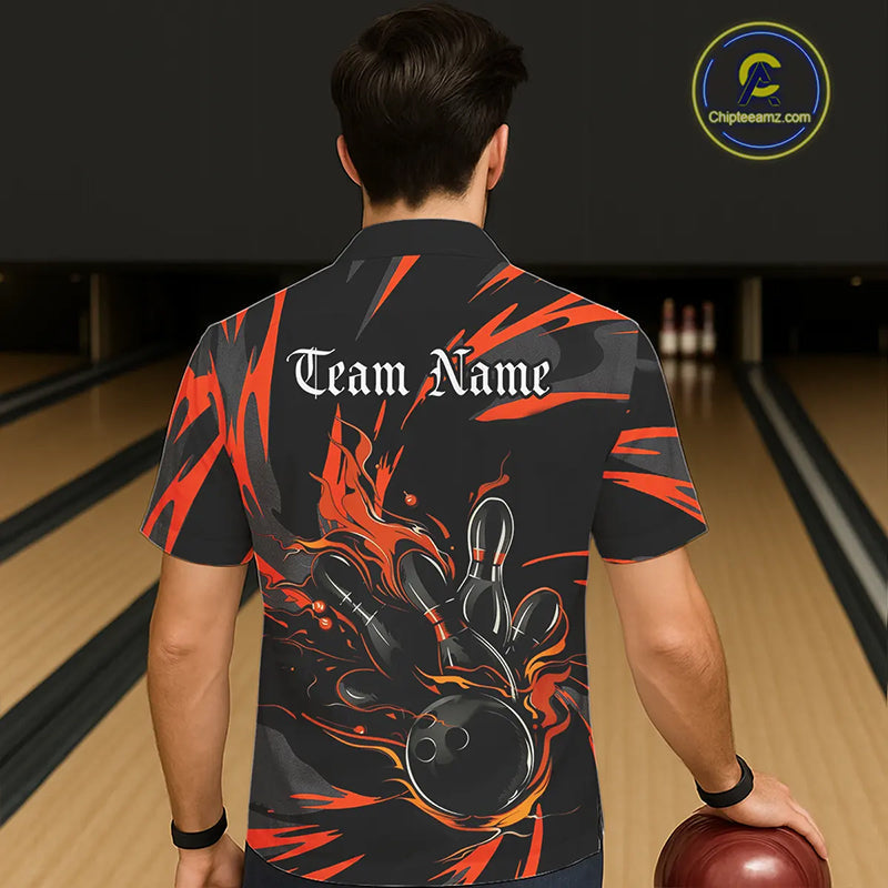Black And Orange Custom Flame Bowling Shirts For Men And Women, Bowling Team Shirt Bowling Uniform Outfit IPHW7400