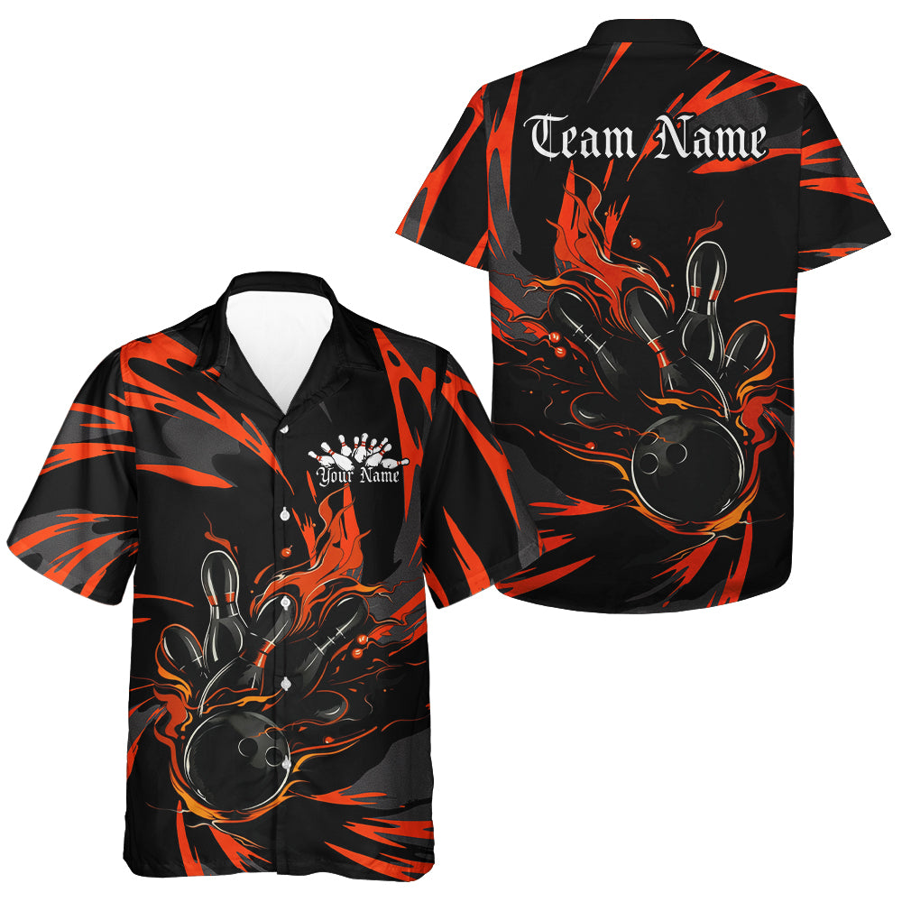 Black And Orange Custom Flame Bowling Shirts For Men And Women, Bowling Team Shirt Bowling Uniform Outfit IPHW7400