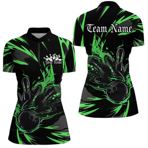 Black And Green Custom Flame Ladies Bowling Shirts, Bowling Team Shirt Bowling Uniform IPHW7402