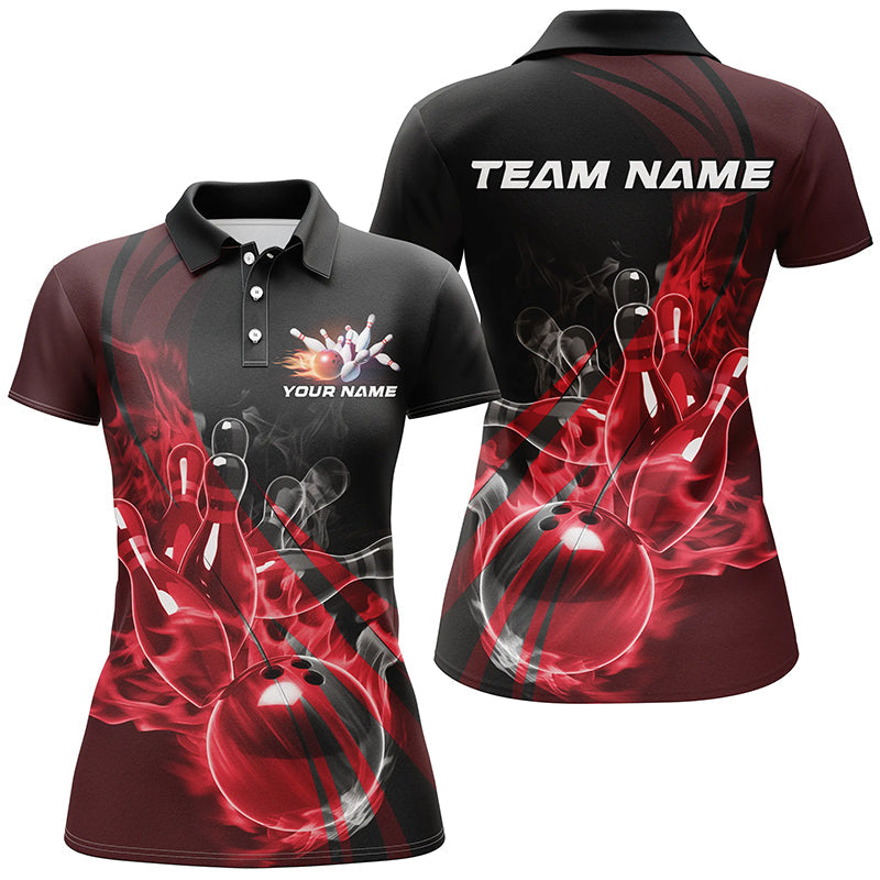 Black And Red Custom Flame Bowling Team Shirts For Women, Bowling Polo Bowling League Shirt IPHW7417