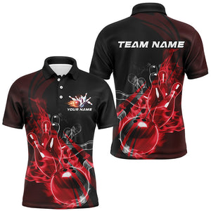 Black And Red Custom Flame Bowling Team Shirts For Men, Bowling Polo Bowling League Shirts IPHW7417