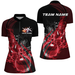 Black And Red Custom Flame Bowling Team Shirts For Women, Bowling Polo Bowling League Shirt IPHW7417