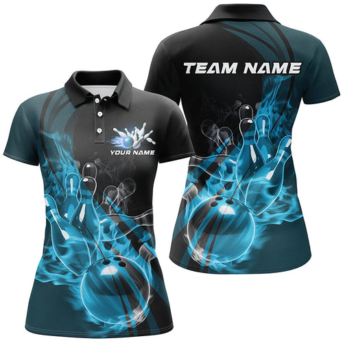 Black And Blue Custom Flame Bowling Team Shirt For Women, Bowling Polo Bowling League Shirt IPHW7418