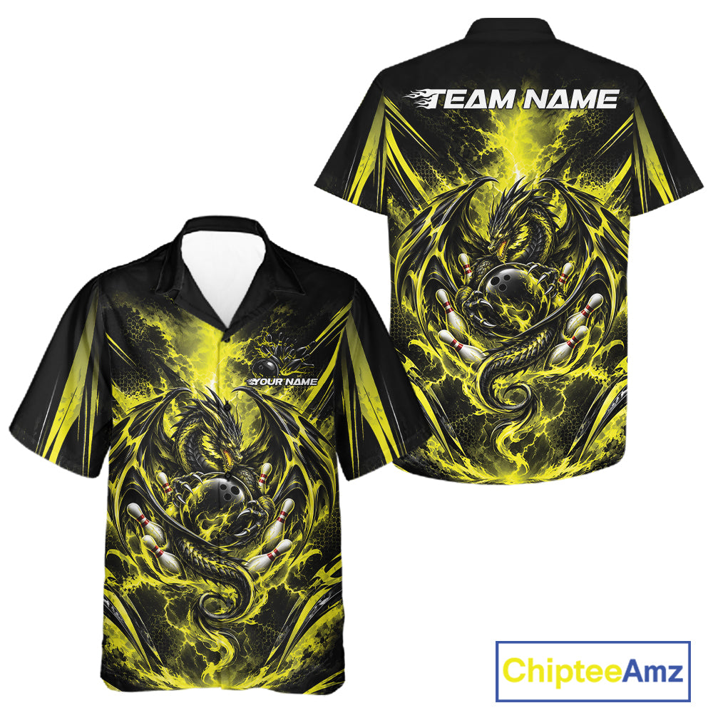 Custom Black And Yellow Thunder Lightning Dragon Men And Women Bowling Jersey Button Up Shirt IPHW12124