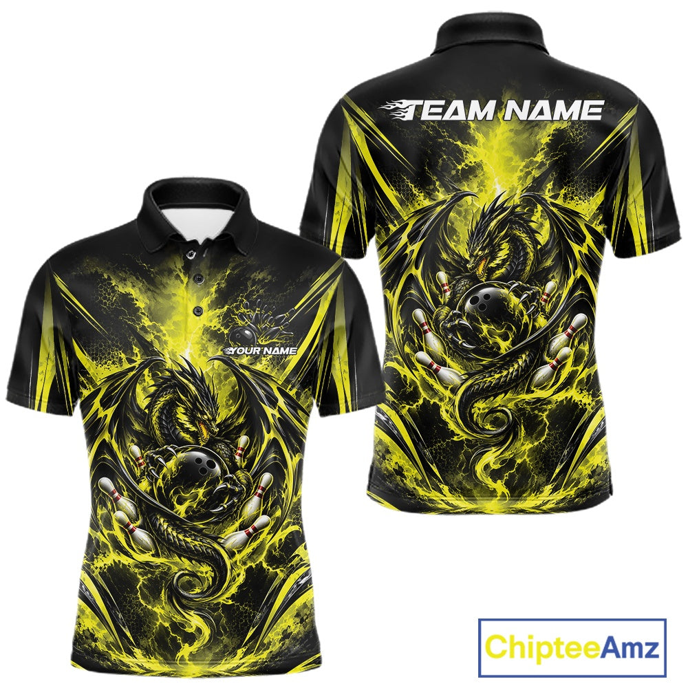 Custom Black And Yellow Thunder Lightning Dragon Men Bowling Jersey Men Polo Shirt IPHW12124