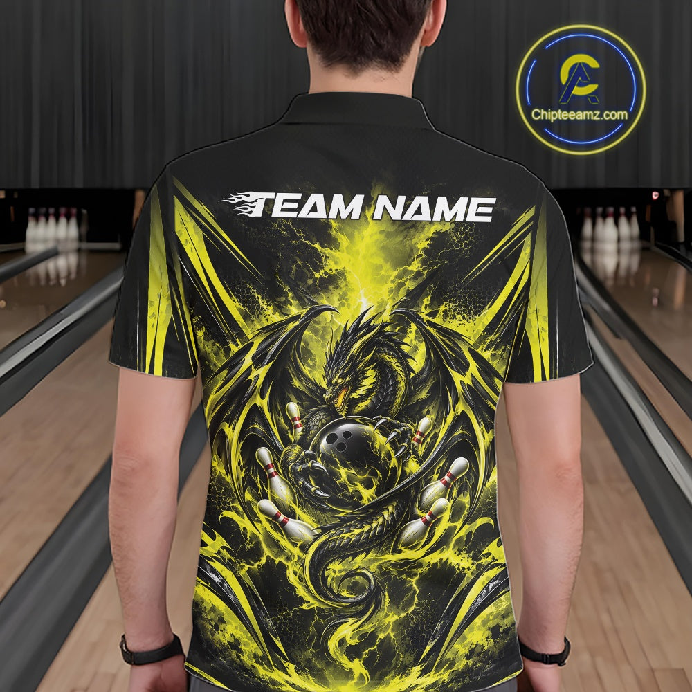 Custom Black And Yellow Thunder Lightning Dragon Men Bowling Jersey Men Polo Shirt IPHW12124