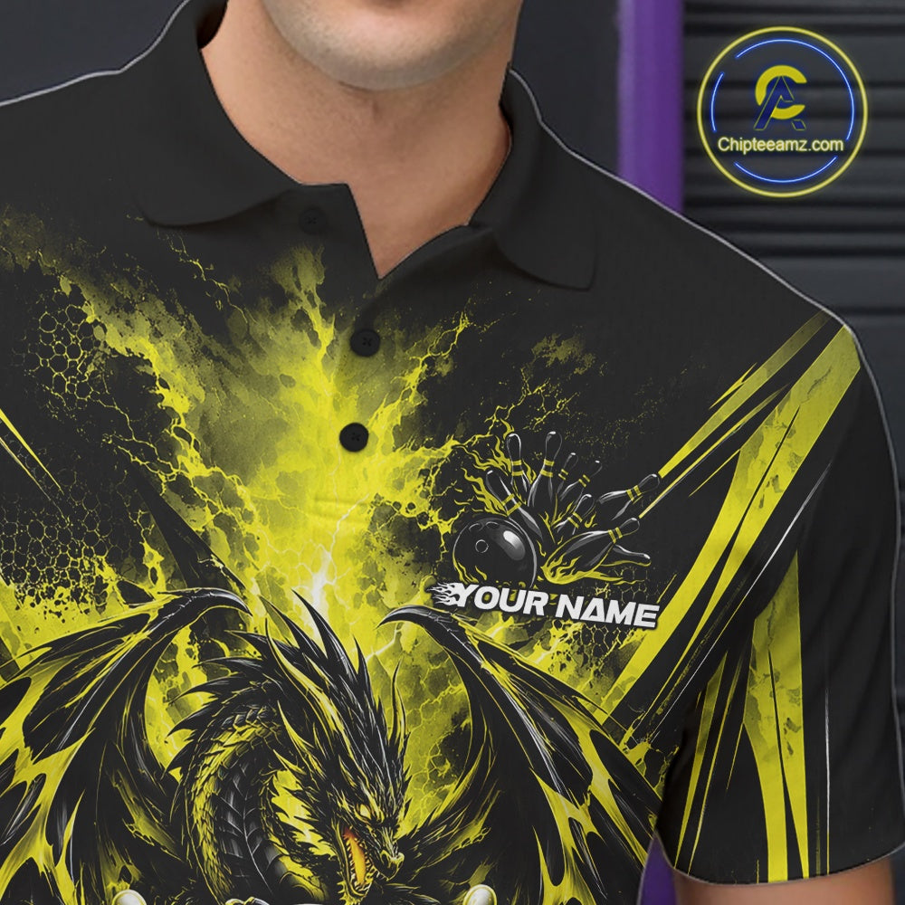 Custom Black And Yellow Thunder Lightning Dragon Men Bowling Jersey Men Polo Shirt IPHW12124