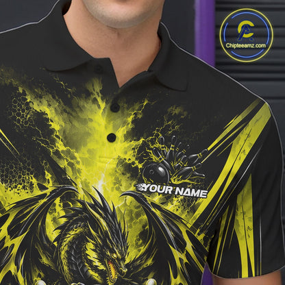 Custom Black And Yellow Thunder Lightning Dragon Men Bowling Jersey Men Polo Shirt IPHW12124