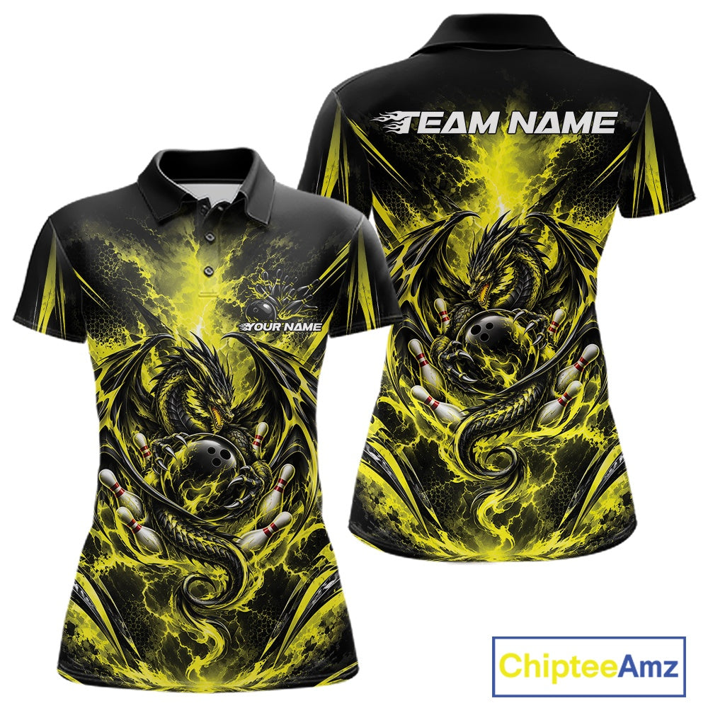 Custom Black And Yellow Thunder Lightning Dragon Women Bowling Jersey Women Polo Shirt IPHW12124