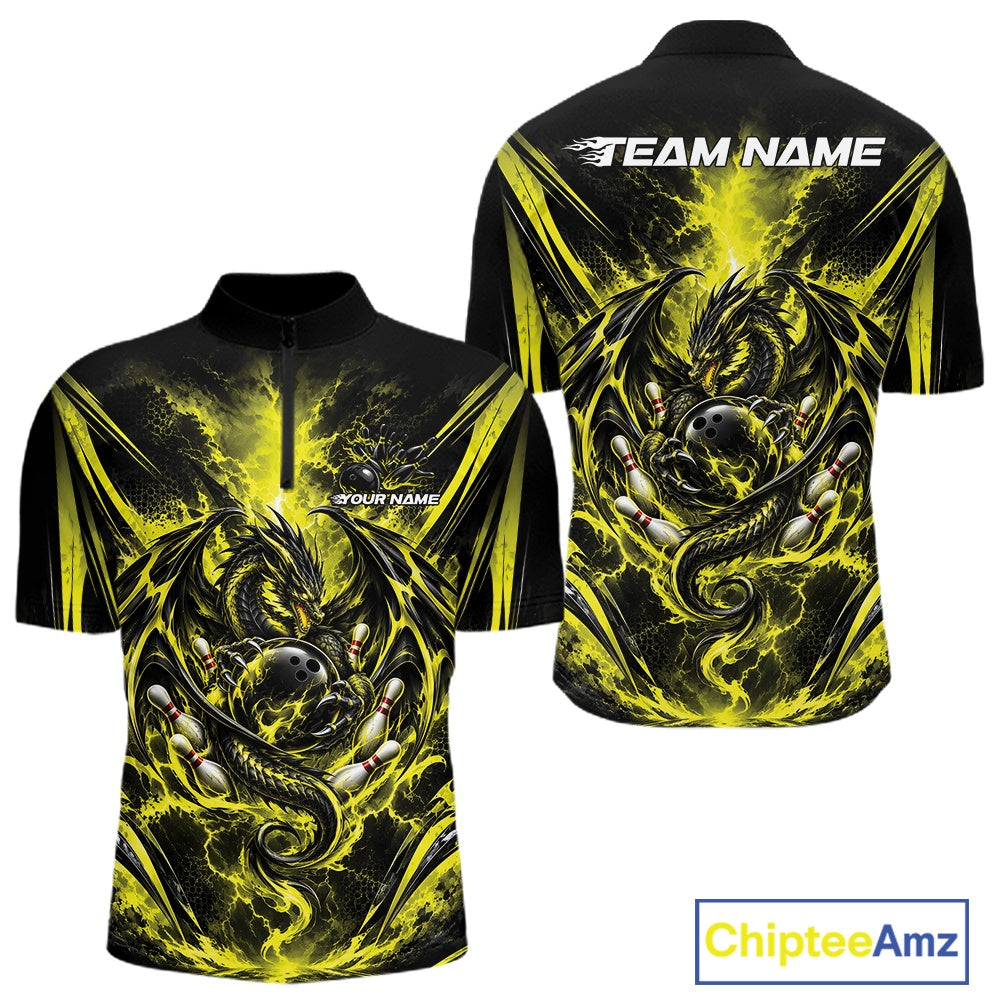 Custom Black And Yellow Thunder Lightning Dragon Men Bowling Jersey Men Quarter Zip Shirt IPHW12124