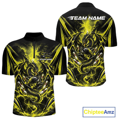 Custom Black And Yellow Thunder Lightning Dragon Men Bowling Jersey Men Quarter Zip Shirt IPHW12124