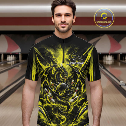 Custom Black And Yellow Thunder Lightning Dragon Men Bowling Jersey Men Quarter Zip Shirt IPHW12124