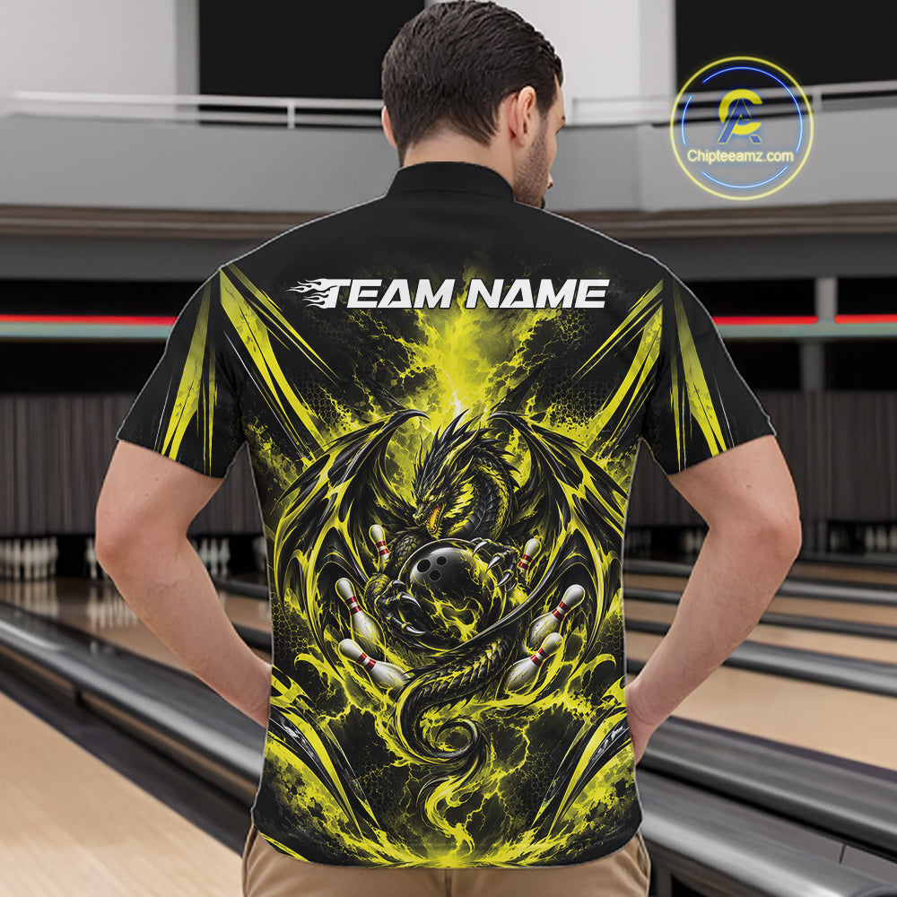 Custom Black And Yellow Thunder Lightning Dragon Men Bowling Jersey Men Quarter Zip Shirt IPHW12124