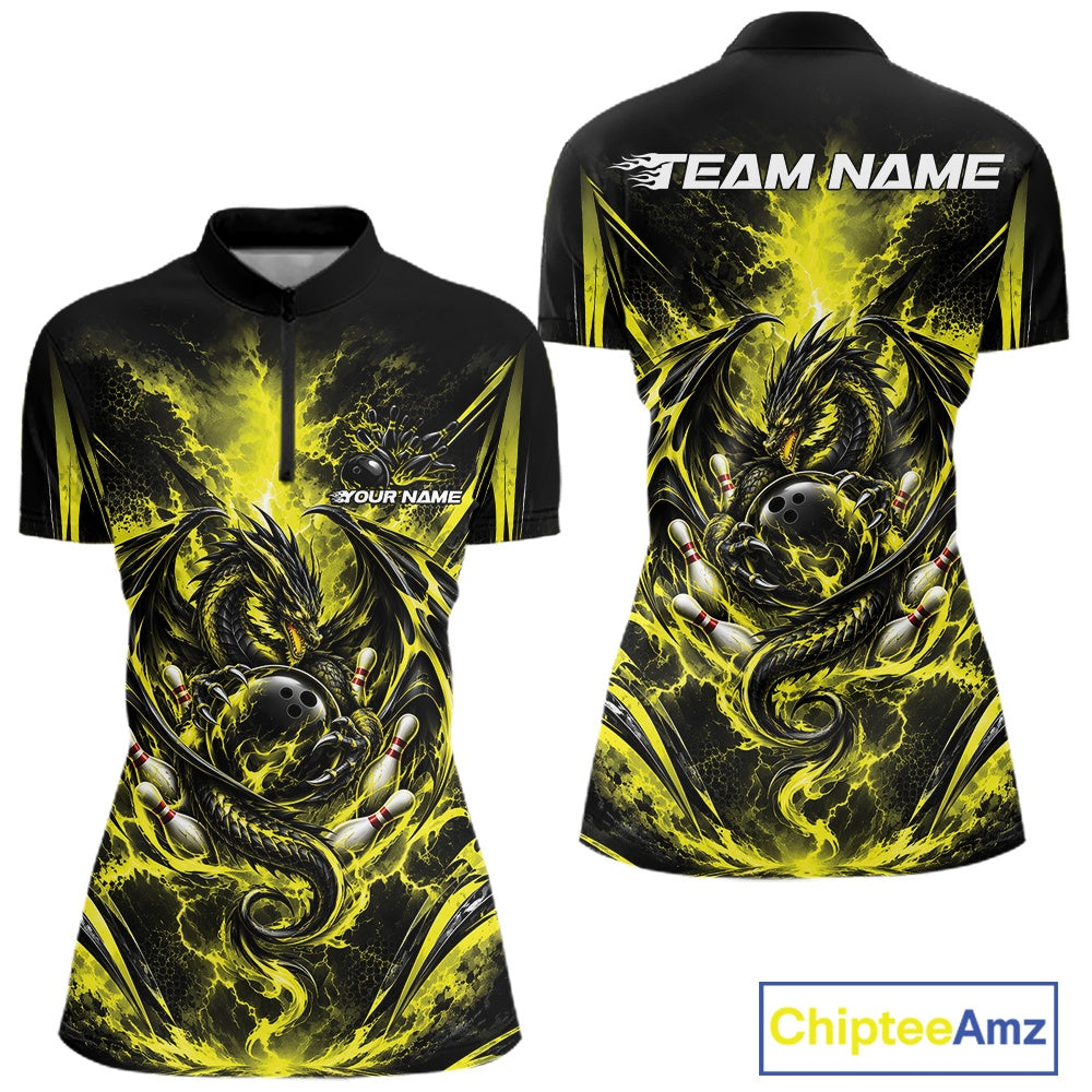 Custom Yellow Thunder Lightning Dragon Women Bowling Jersey Women Quarter-Zip Shirt IPHW12124