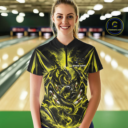 Custom Yellow Thunder Lightning Dragon Women Bowling Jersey Women Quarter-Zip Shirt IPHW12124