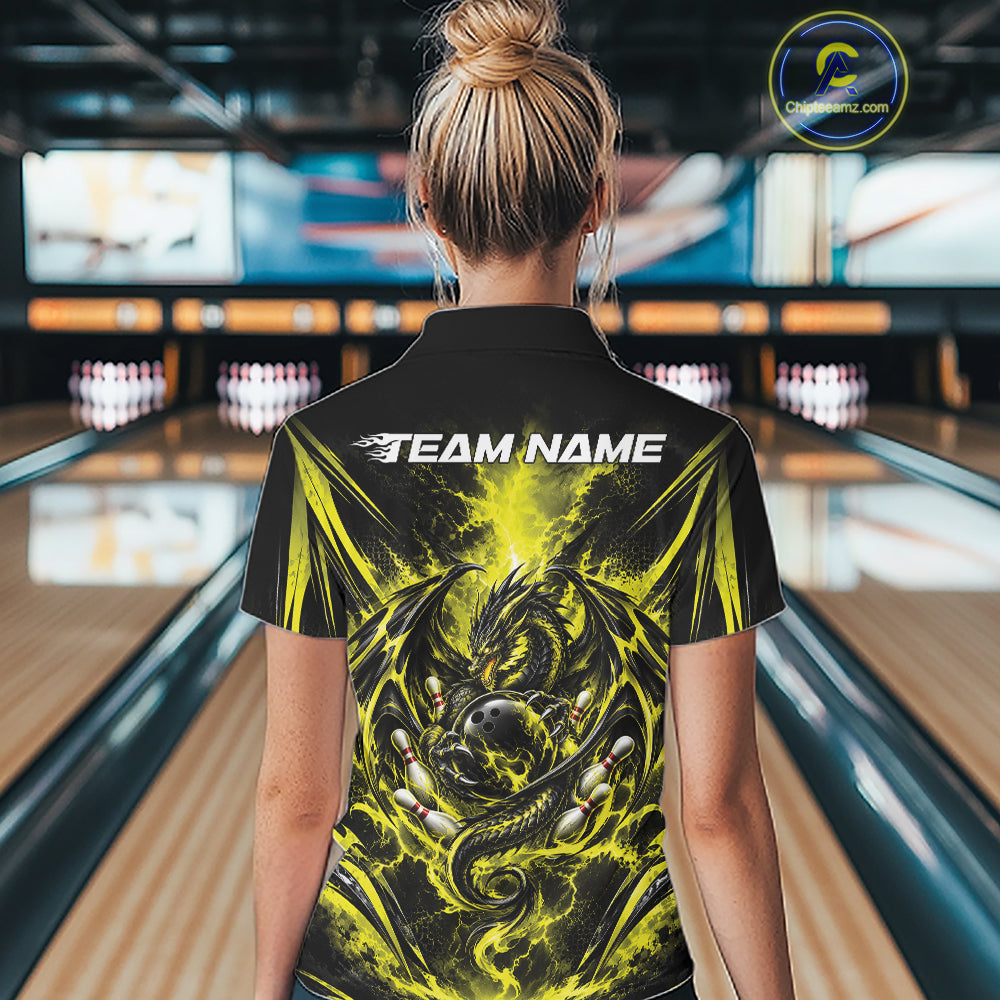 Custom Yellow Thunder Lightning Dragon Women Bowling Jersey Women Quarter-Zip Shirt IPHW12124
