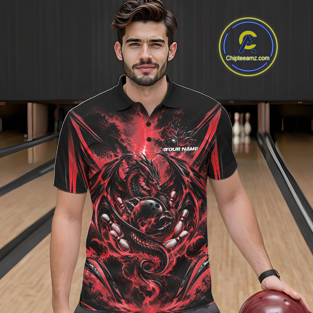 Custom Black And Red Thunder Lightning Dragon Men Bowling Jersey Men Polo Shirt IPHW12125
